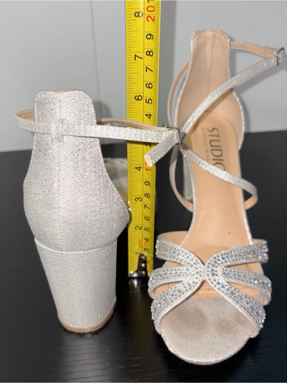 Studio Badgley Mischka Silver Rhinestone Block Heel Sandals Ankle Strap